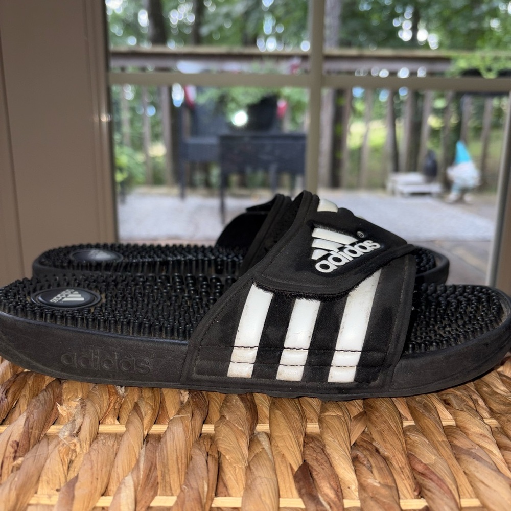 Adidas White and Blue Sandals with Textured Footbed